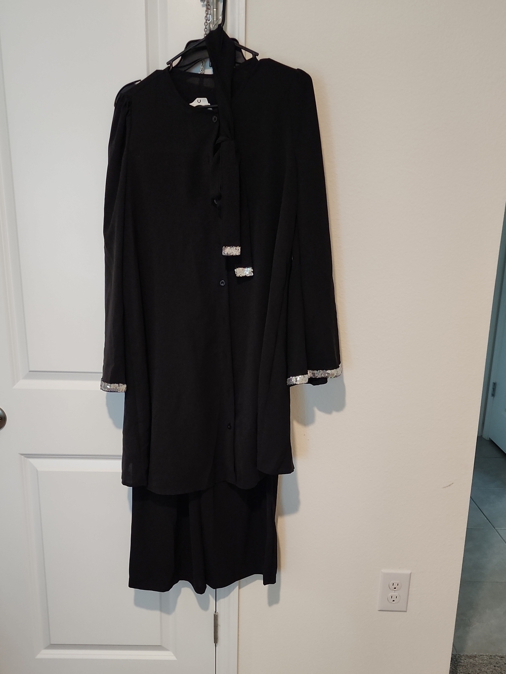Black Women's Long Sleve Set with Silver Trim